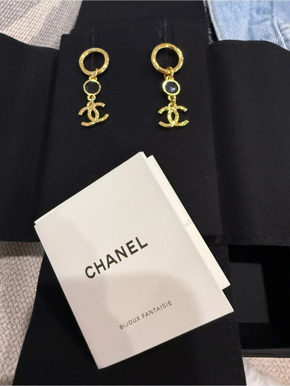 CHANEL Gold and Black Logo Drop Earrings